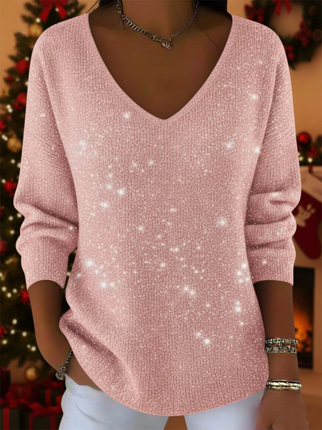 The Ella™ | Holiday V-Neck Sparkle Jumper