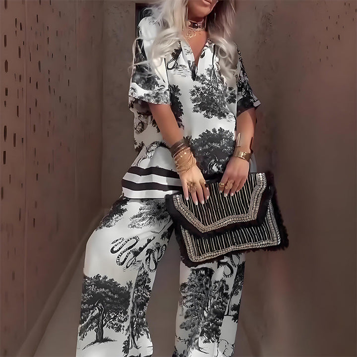 Evelyn™ | Elegant V-Neck Printed Co-ord Set